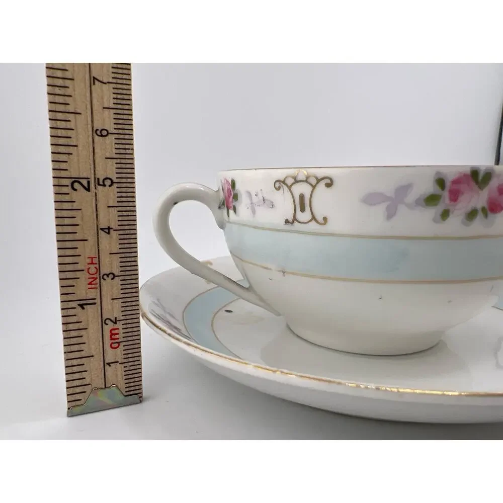 Vintage Tea Cup and Saucer Nippon Blue White Flowers‎ Floral Gold